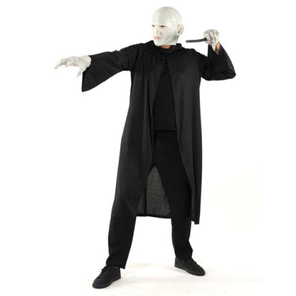 Front view of the Voldemort Adult Costume featuring dark flowing robes and an attached hood on a display mannequin.