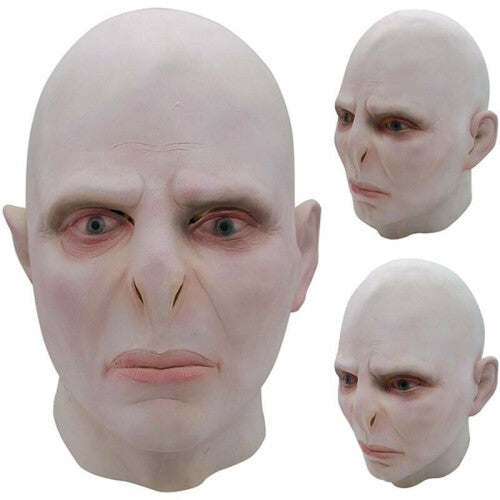 Front view of a full head Voldemort latex horror mask featuring detailed pale skin texturing, sunken eyes, and snake-like facial features on a plain backdrop.