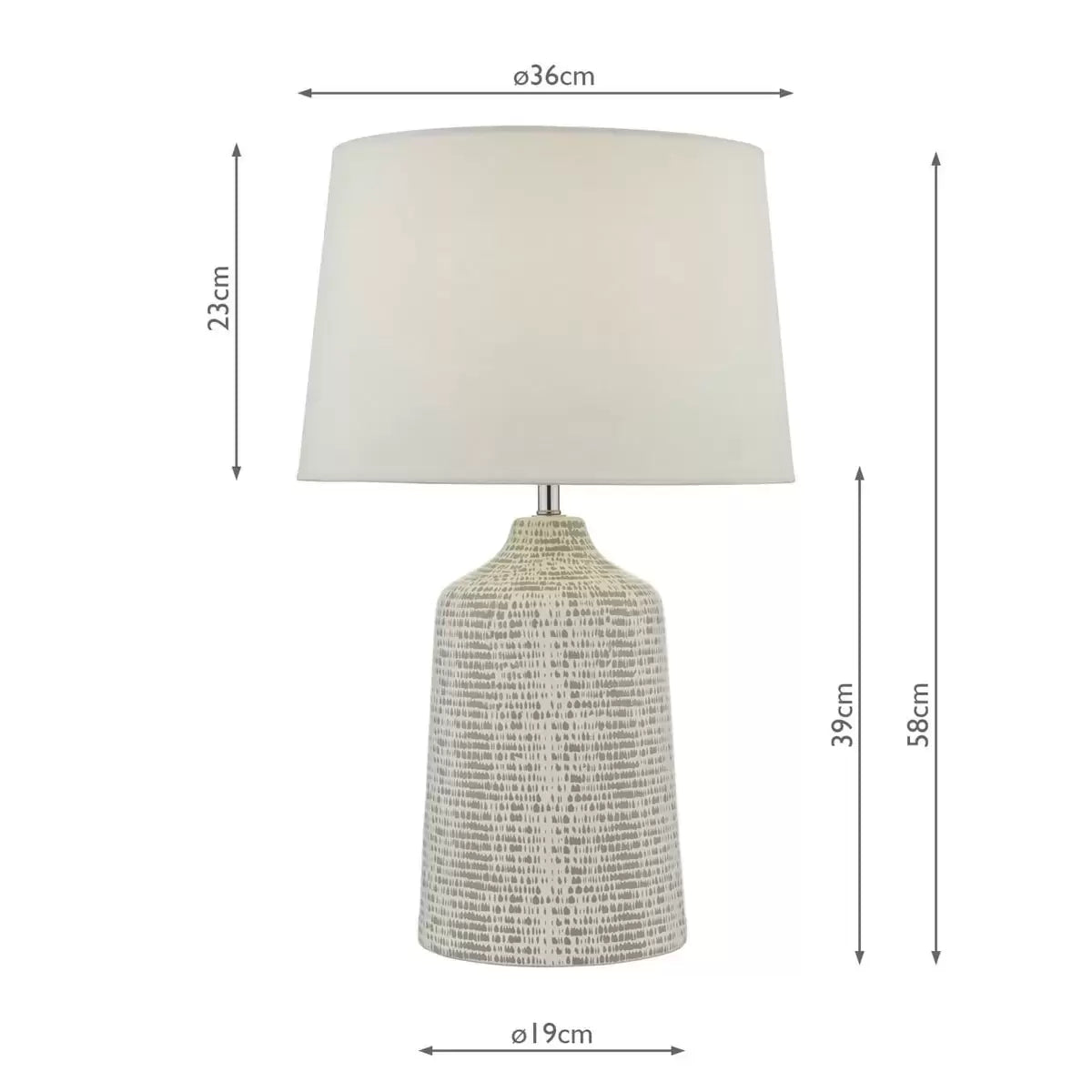 Front view of the Vondra ceramic table lamp showing its abstract hand-glazed grey and white ceramic base and textured ivory linen shade on a light oak bedside table.