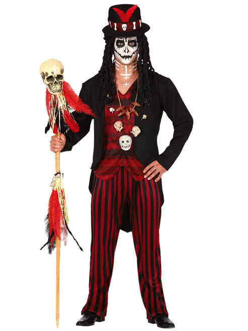 Full-length front view of the Voodoo Man Adult Costume featuring a detailed patterned jacket, top hat, and skull motif accents against a neutral studio backdrop.