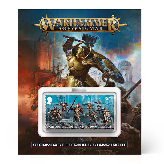 Official Warhammer Stormcast Eternals stamp ingot by Royal Mail in collectible display packaging