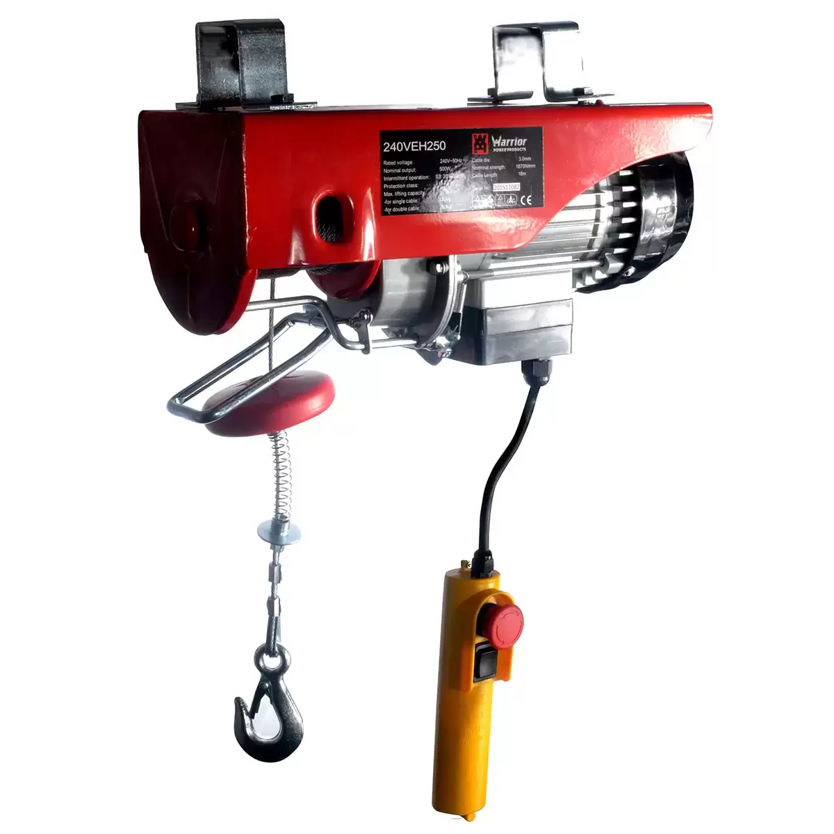 A close-up studio photograph of the yellow and steel Warrior 240V electric hoist showing its integrated steel mounting brackets, wire rope spool, and hanging hook against a neutral backdrop.