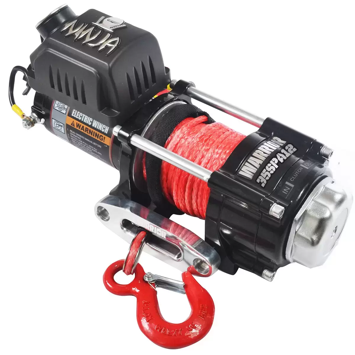 Gloss black Warrior Ninja 3500 synthetic rope electric winch with silver aluminium fairlead and blue synthetic line displayed flat on a workbench with its wired remote control.
