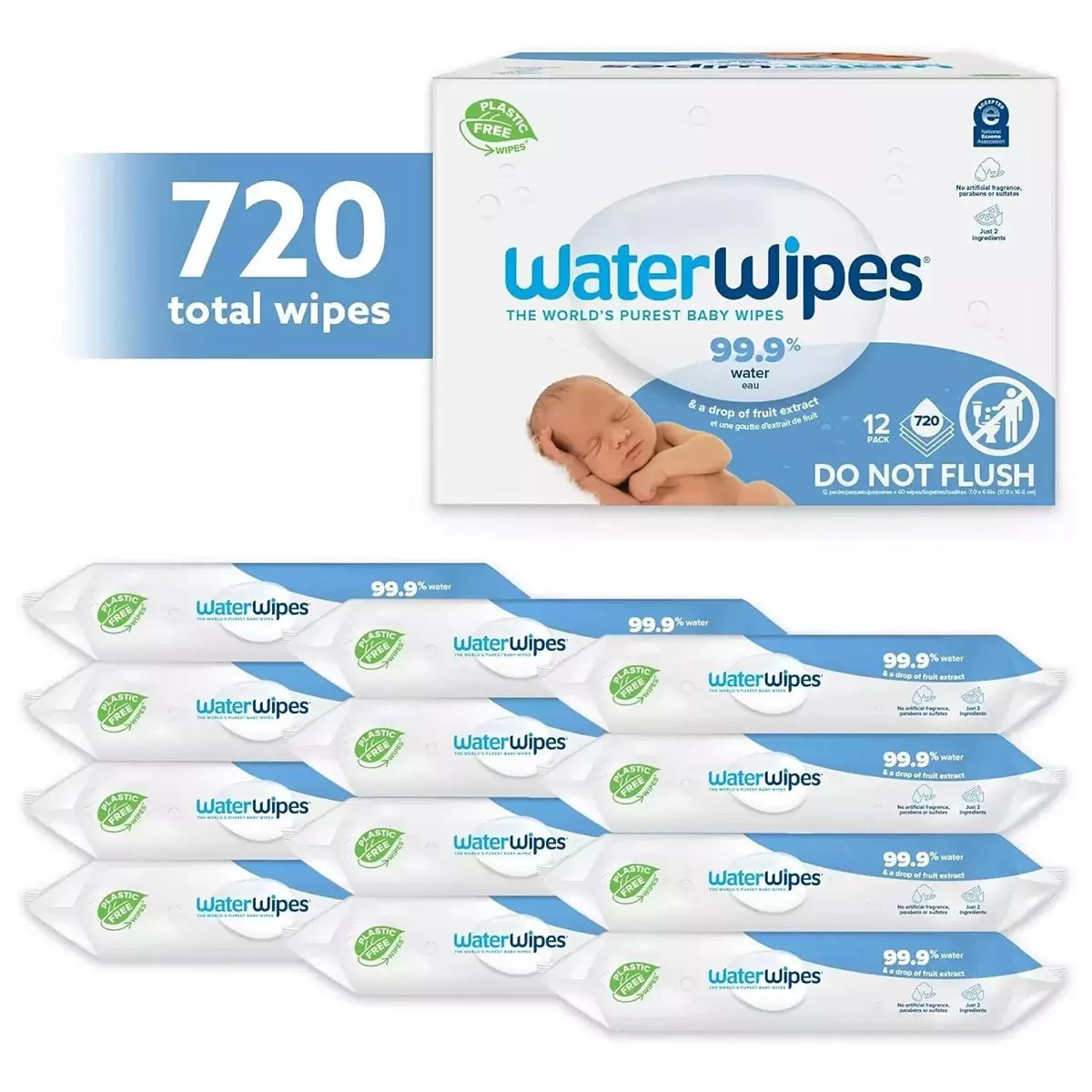 WaterWipes Biodegradable Baby Wipes 12 x 60 pack for newborns and sensitive skin made with 99.9% pure water