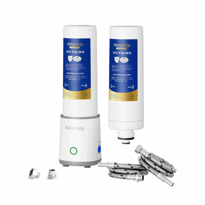 Compact white Waterdrop under-sink water filter system with replacement cartridge standing vertically showing 3/8 inch connection lines and status indicator light.