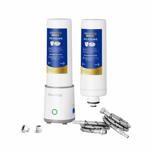 Compact white Waterdrop under-sink water filter system with replacement cartridge standing vertically showing 3/8 inch connection lines and status indicator light.