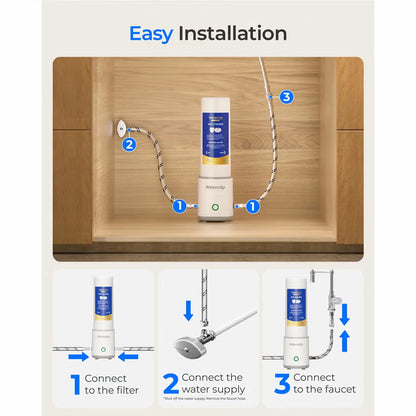 Compact white Waterdrop under-sink water filter system with replacement cartridge standing vertically showing 3/8 inch connection lines and status indicator light.