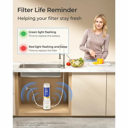 Compact white Waterdrop under-sink water filter system with replacement cartridge standing vertically showing 3/8 inch connection lines and status indicator light.