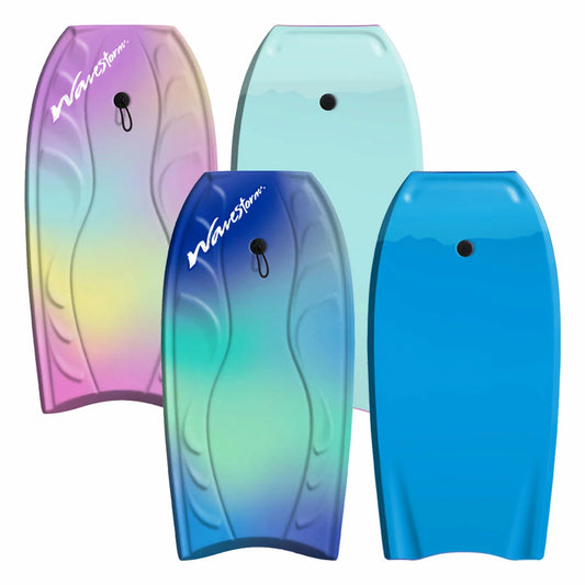 Wavestorm 40 inch bodyboard with coiled leash in two colours designed for stable wave riding and beach surfing fun - 1