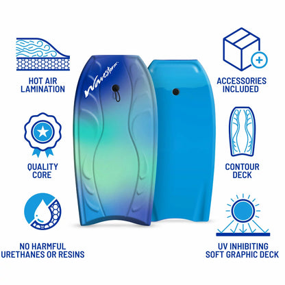 Wavestorm 40 inch bodyboard with coiled leash in two colours designed for stable wave riding and beach surfing fun - 2