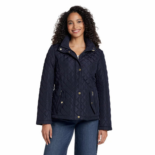 Weatherproof ladies short black diamond-quilted jacket with gold-tone zips and adjustable cinched waist displayed on an outdoor model.