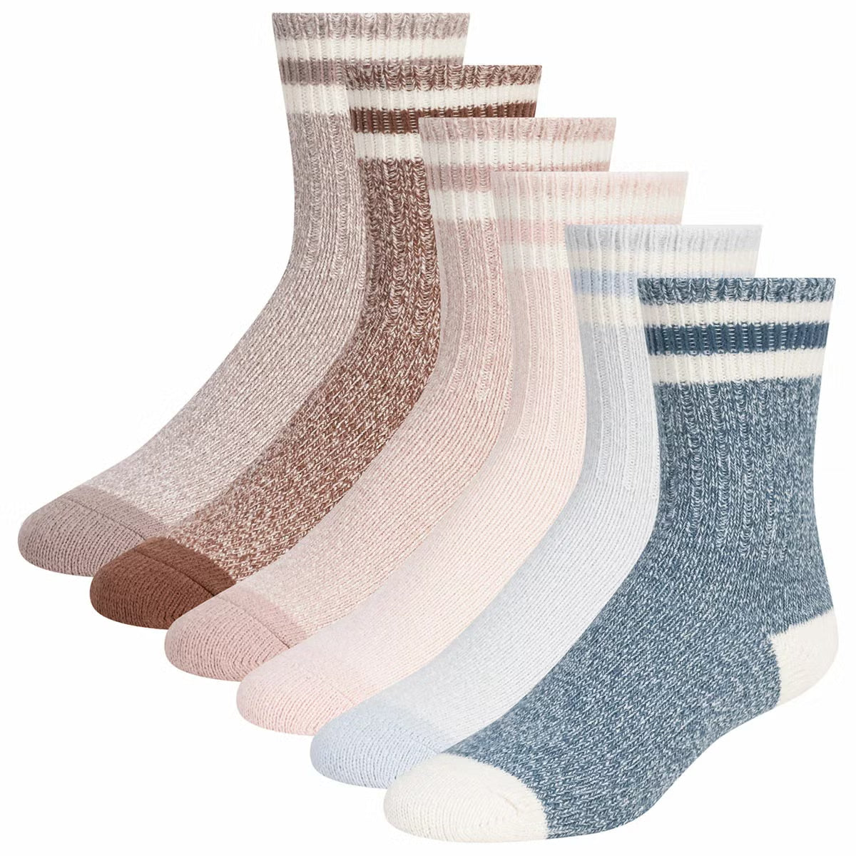 Flat-lay view of six pairs of Weatherproof women's boot socks in soft grey, cream, and navy marled patterns neatly rolled side-by-side on a light wood background.