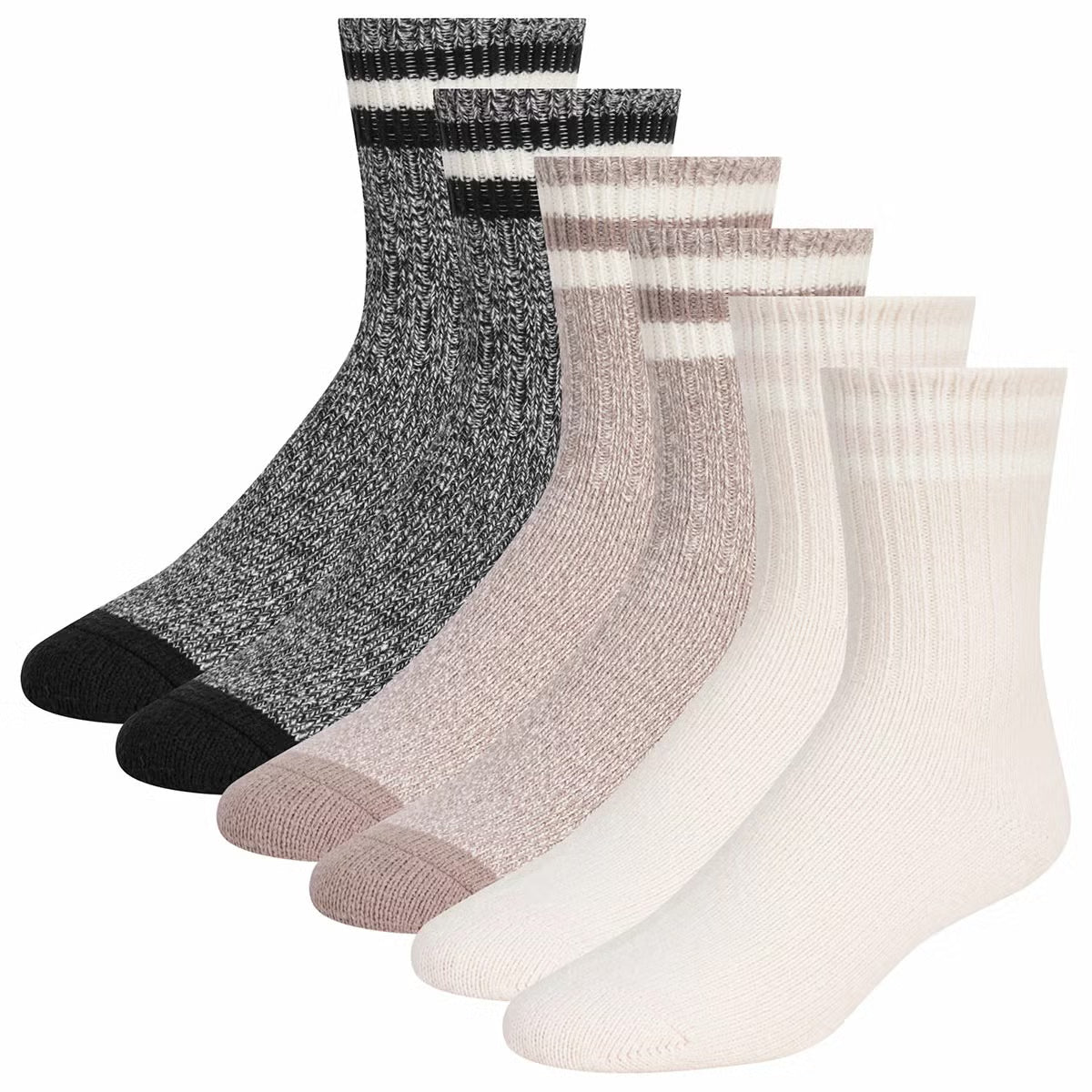 Flat-lay view of six pairs of Weatherproof women's boot socks in soft grey, cream, and navy marled patterns neatly rolled side-by-side on a light wood background.