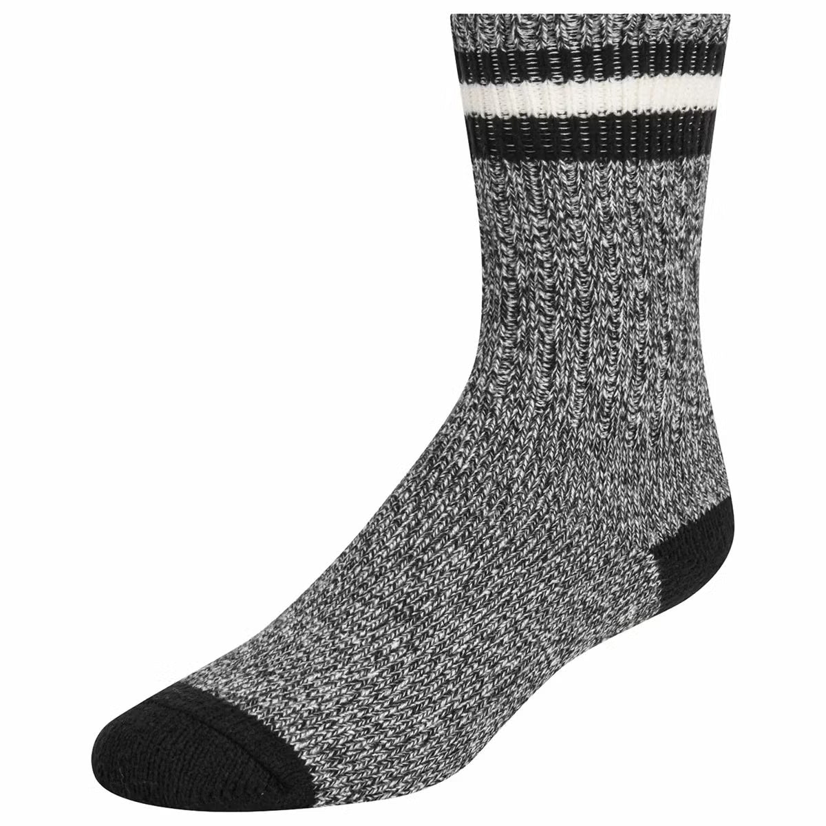Flat-lay view of six pairs of Weatherproof women's boot socks in soft grey, cream, and navy marled patterns neatly rolled side-by-side on a light wood background.