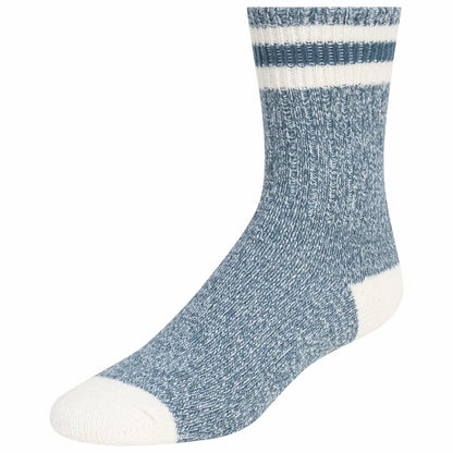 Flat-lay view of six pairs of Weatherproof women's boot socks in soft grey, cream, and navy marled patterns neatly rolled side-by-side on a light wood background.