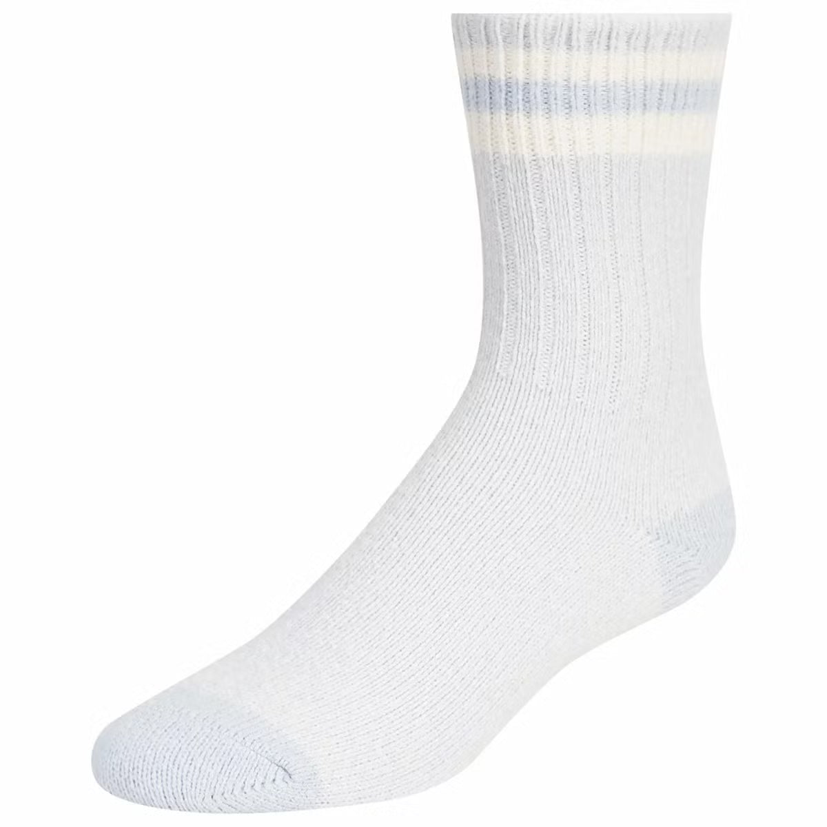 Flat-lay view of six pairs of Weatherproof women's boot socks in soft grey, cream, and navy marled patterns neatly rolled side-by-side on a light wood background.