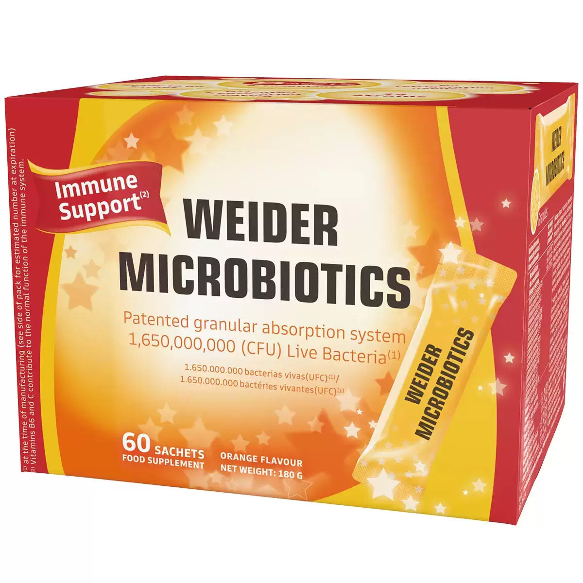 Weider Microbiotics 60 Sachets for digestive health, gut microbiome balance, and daily probiotic support.
