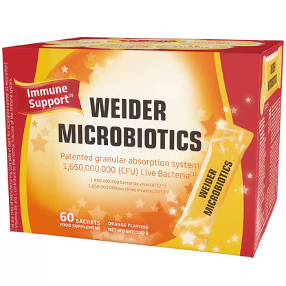 Weider Microbiotics 60 Sachets for digestive health, gut microbiome balance, and daily probiotic support.