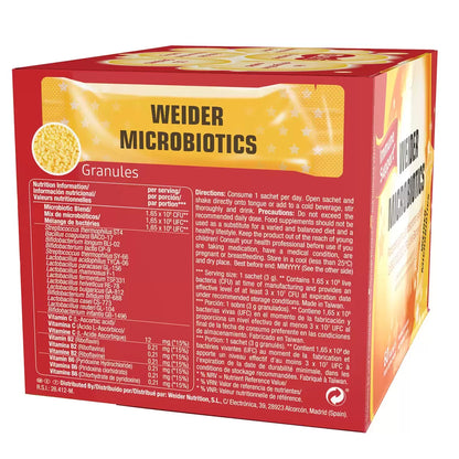 Weider Microbiotics 60 Sachets for digestive health, gut microbiome balance, and daily probiotic support.