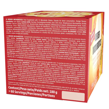 Weider Microbiotics 60 Sachets for digestive health, gut microbiome balance, and daily probiotic support.