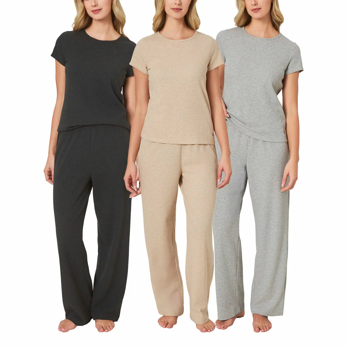 Well & Calm Ladies 3 Piece Waffle Lounge Set featuring soft waffle knit fabric, relaxed fit top, matching bottoms, and cozy outer layer.