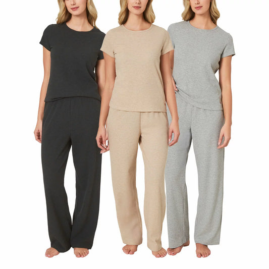 Well and Calm ladies three piece waffle lounge set in a premium organic cotton blend showing the t-shirt, shorts, and wide-leg trousers from Elite Store.