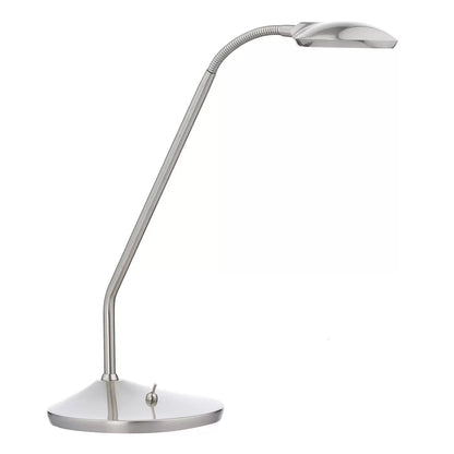 A modern Wellington satin chrome LED task table lamp with an adjustable neck bent forward on a clean wooden desk, showcasing its bright 3000K light beam.