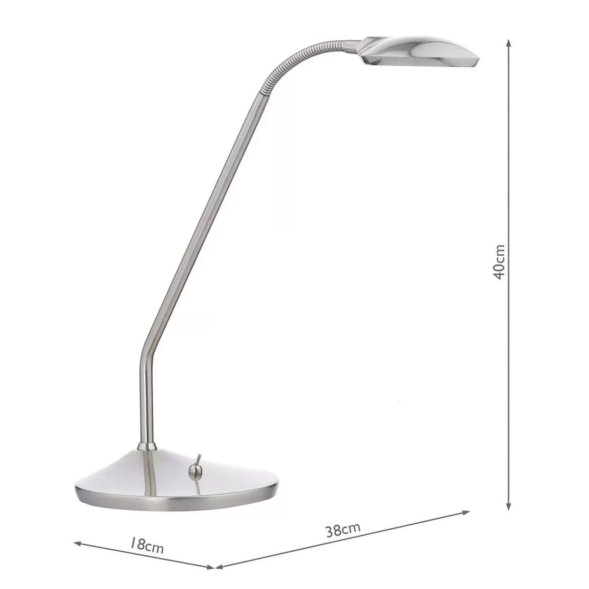 A modern Wellington satin chrome LED task table lamp with an adjustable neck bent forward on a clean wooden desk, showcasing its bright 3000K light beam.