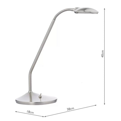 A modern Wellington satin chrome LED task table lamp with an adjustable neck bent forward on a clean wooden desk, showcasing its bright 3000K light beam.