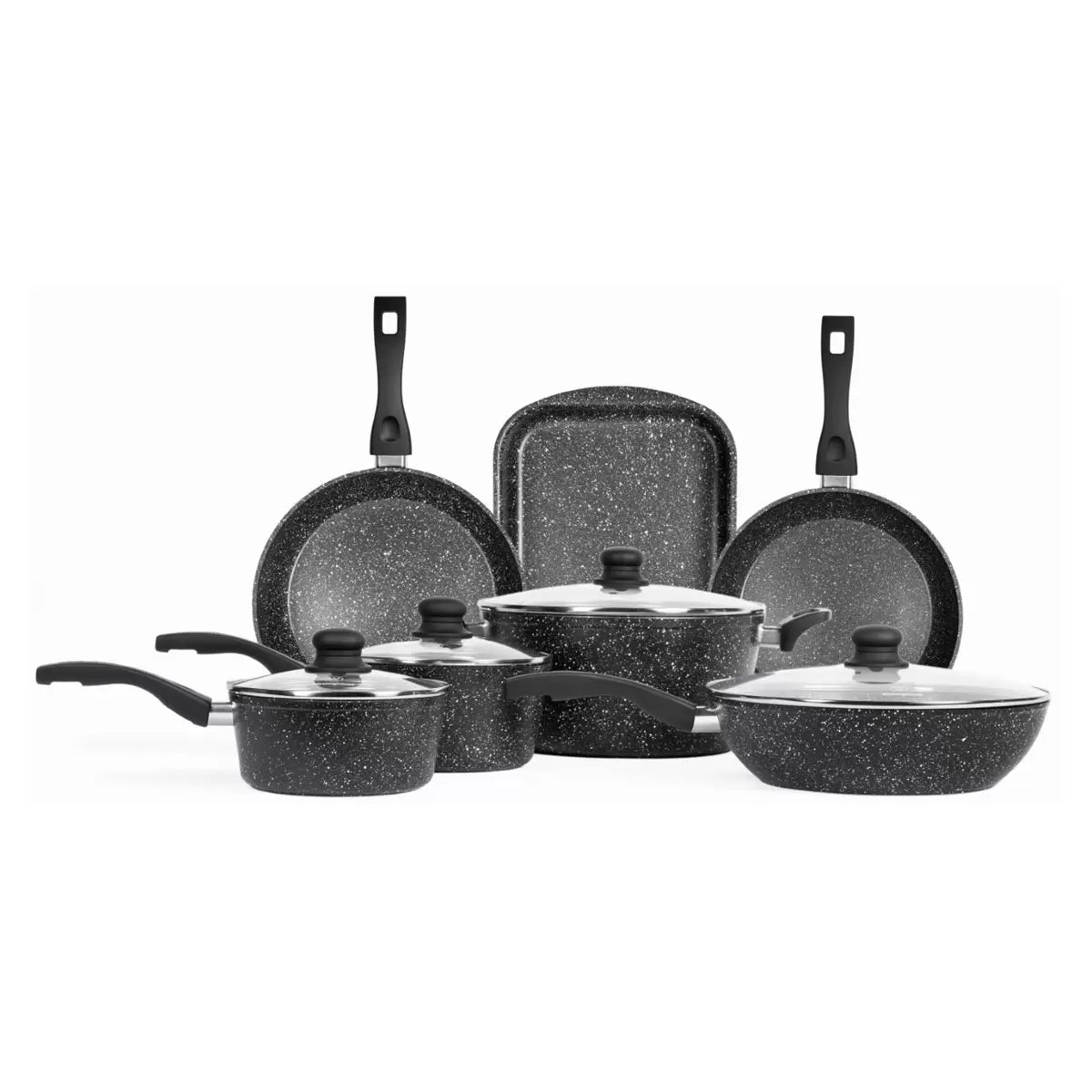 An elegant 11-piece Westinghouse black marble cookware set arranged on a modern kitchen countertop.