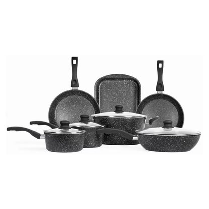 An elegant 11-piece Westinghouse black marble cookware set arranged on a modern kitchen countertop.