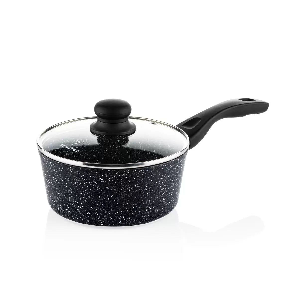 An elegant 11-piece Westinghouse black marble cookware set arranged on a modern kitchen countertop.