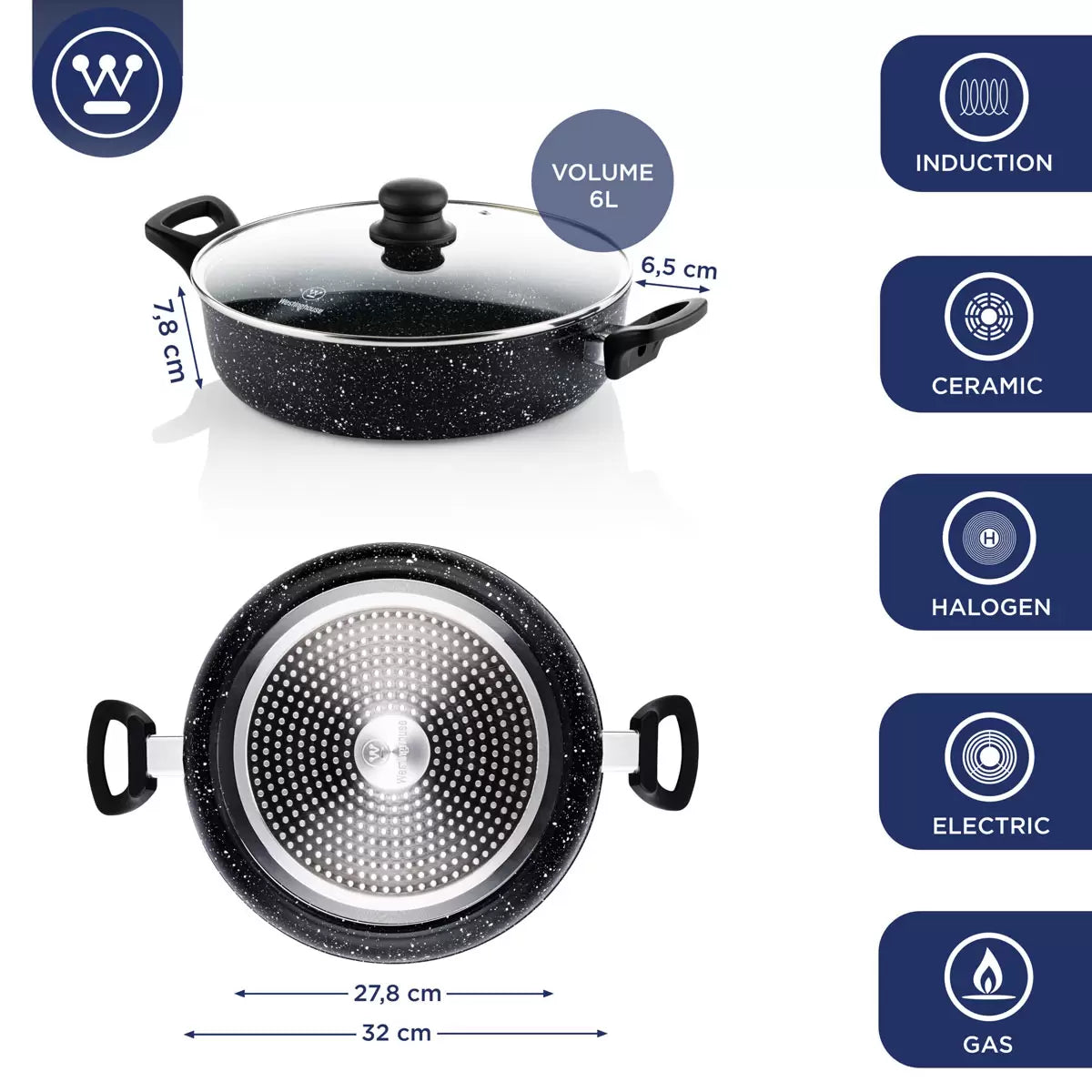 Westinghouse 32cm low non-stick casserole with tempered glass lid for family cooking and easy meal preparation
