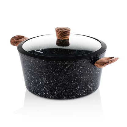 "Westinghouse Special Edition 11-piece non-stick cookware set featuring speckled black finish with wood effect handles, including pans, pots, and glass lids displayed on white kitchen counter"
