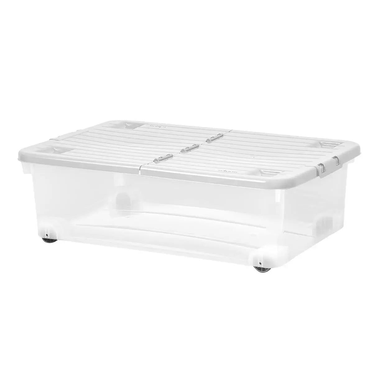 Five clear plastic 32-litre storage boxes with cool grey folding lids and bottom wheels stacked neatly in a modern, organized closet.