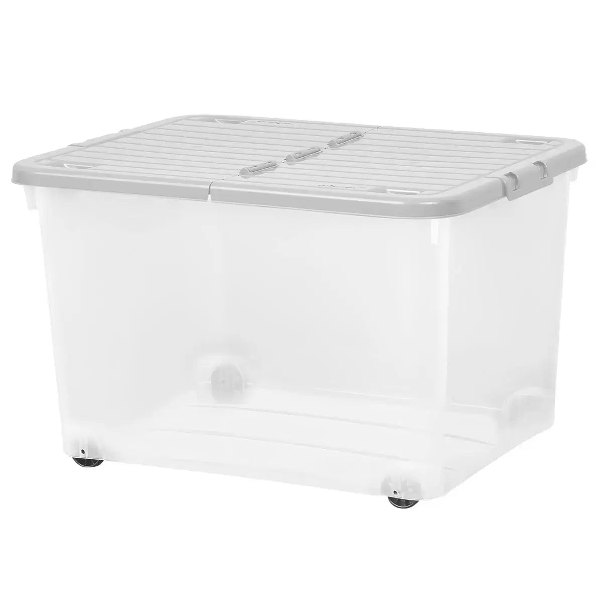 Wham 44 litre clear and cool grey storage boxes with wheels and folding lids pack of 5 for organised storage