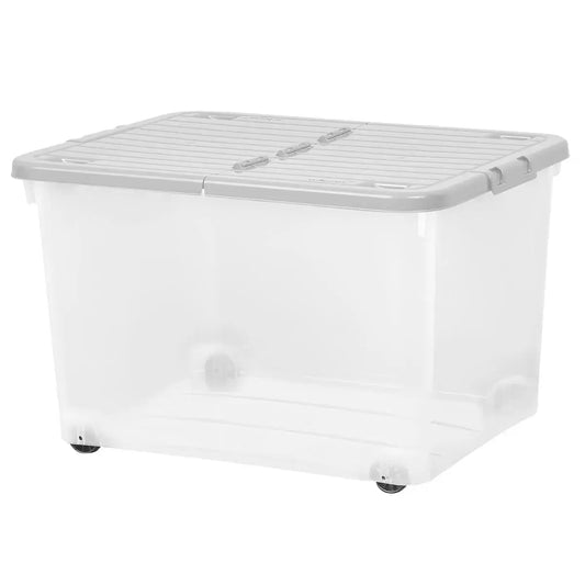 Wham 44 litre clear and cool grey storage boxes with wheels and folding lids pack of 5 for organised storage
