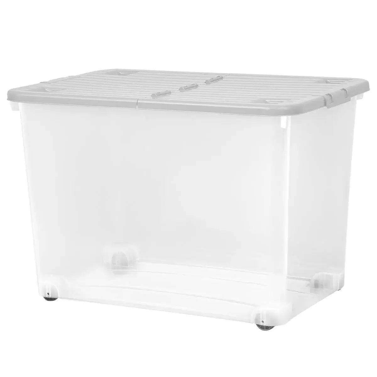Three large clear plastic storage boxes with cool grey folding lids and bottom wheels stacked neatly against a clean minimalist utility wall.