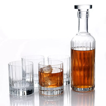 Luigi Bormioli Bach 5-piece whisky set featuring crystal decanter and matching whisky tumblers for elegant home bar serving