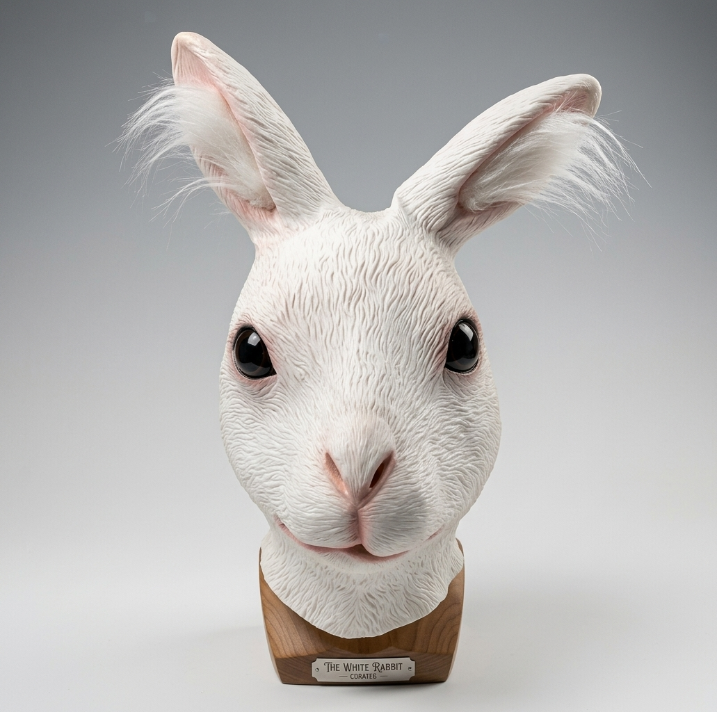 Full-head white rabbit latex mask with detailed facial features set against a clean studio background