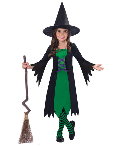Full-length black Wicked Witch costume for kids and teens with a traditional pointed hat displayed on a plain background.w