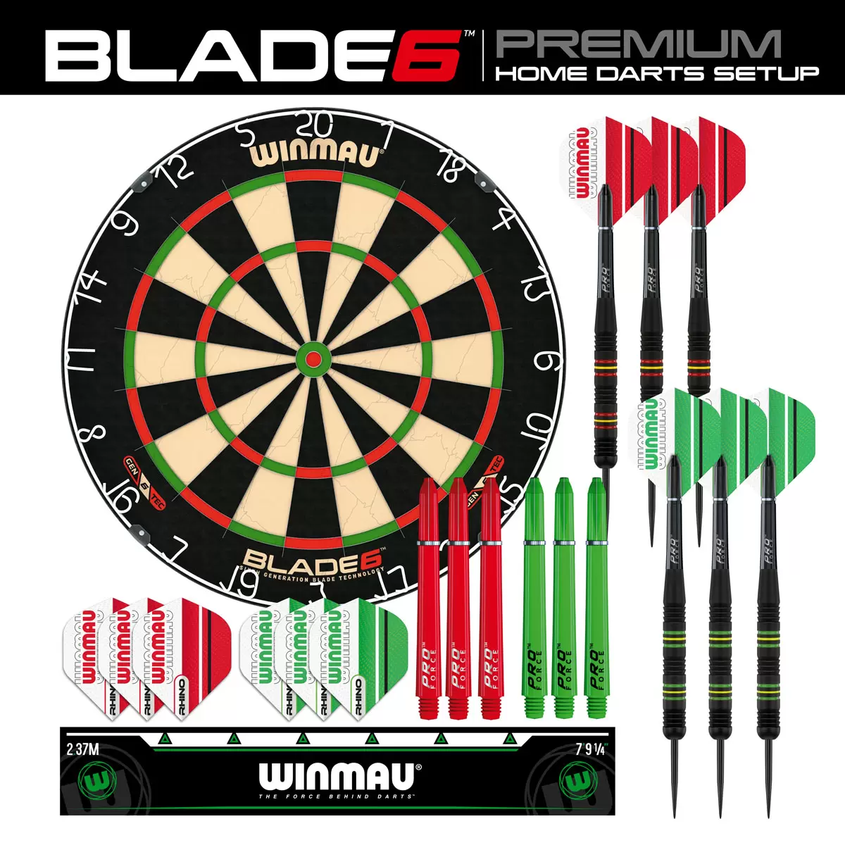 Front-facing studio shot of the round black and green Winmau Blade 6 dartboard displaying its silver razor wiring, shown alongside two sets of brass steel-tip darts and a green oche strip.
