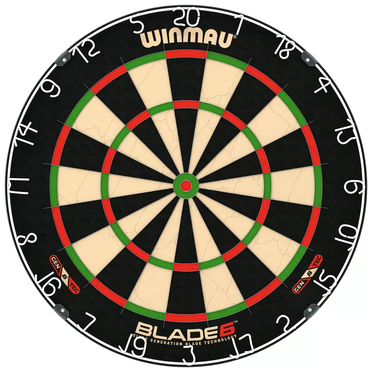 Front-facing studio shot of the round black and green Winmau Blade 6 dartboard displaying its silver razor wiring, shown alongside two sets of brass steel-tip darts and a green oche strip.