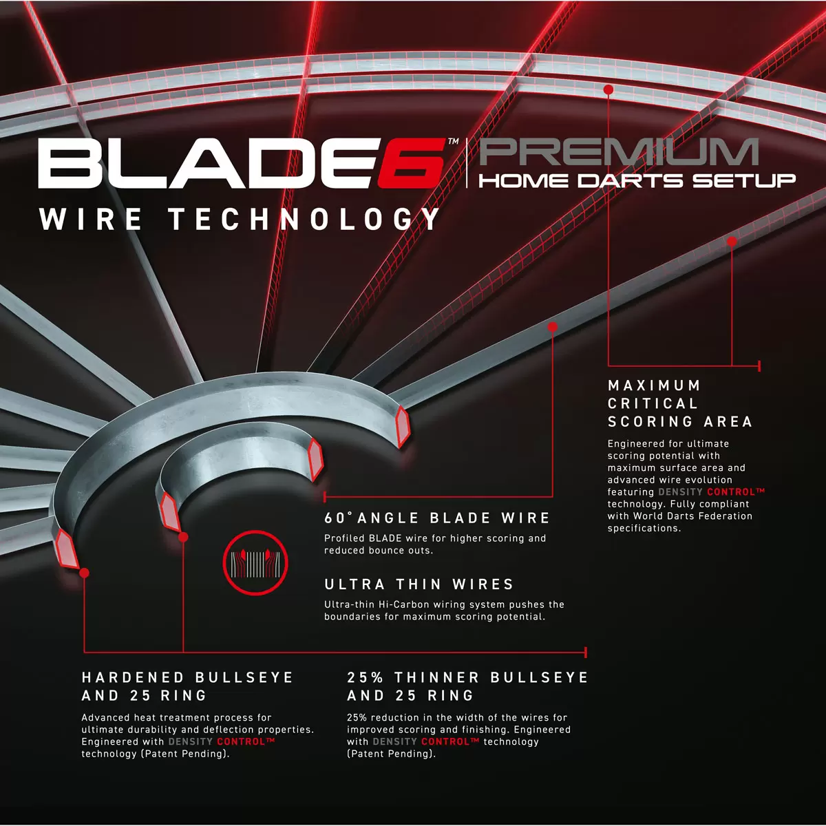 Front-facing studio shot of the round black and green Winmau Blade 6 dartboard displaying its silver razor wiring, shown alongside two sets of brass steel-tip darts and a green oche strip.