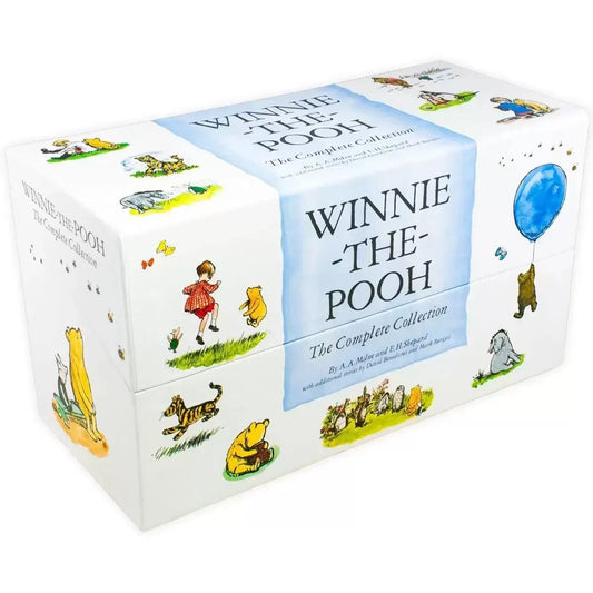 Complete thirty-book Winnie the Pooh paperback collection displayed in a decorative gift boxcase showing illustrated covers of Pooh and friends.