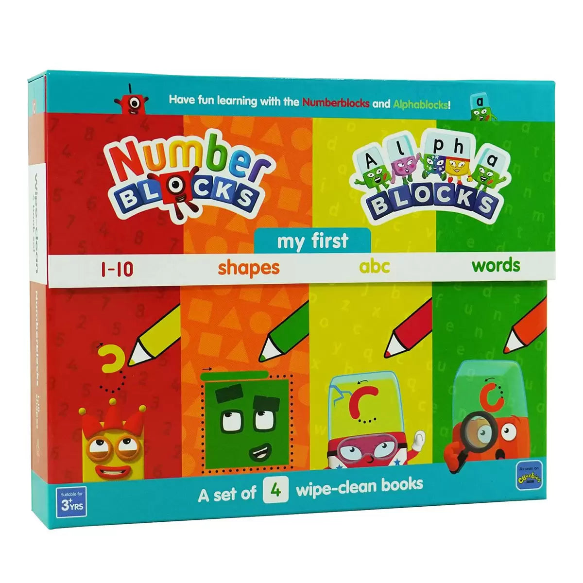 Front angle view of the Wipe-Clean Number Blocks 4-book collection housed in a bright green rigid storage box on a white desk.