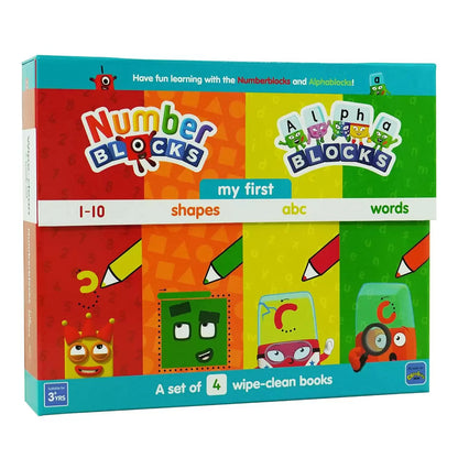 Front angle view of the Wipe-Clean Number Blocks 4-book collection housed in a bright green rigid storage box on a white desk.