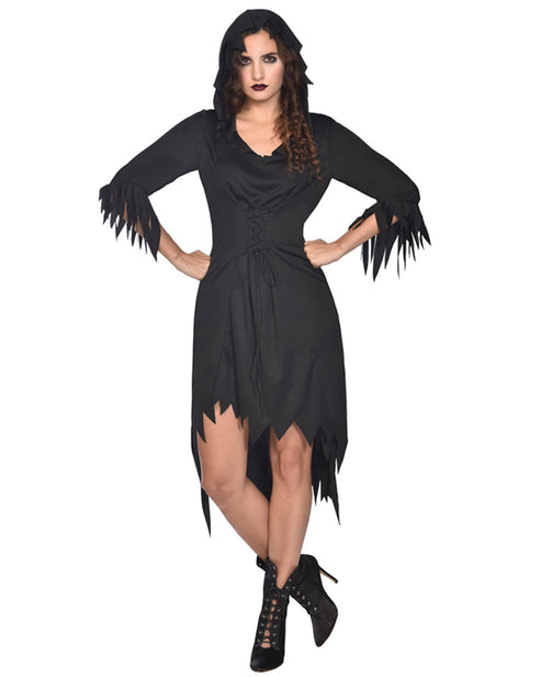 Adult model wearing a floor-length black hooded witch robe with dramatic flared sleeves in a dark studio setting.