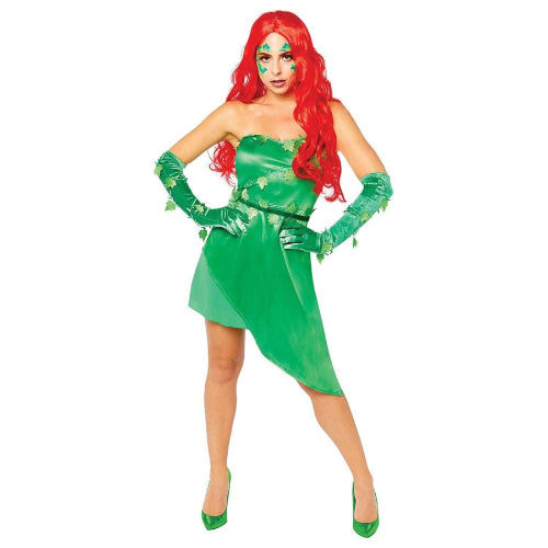 Full-length front view of the Women's Deluxe Poison Ivy Costume in vibrant emerald green with intricate faux leaf accents on a fitting mannequin against a clean neutral studio background.