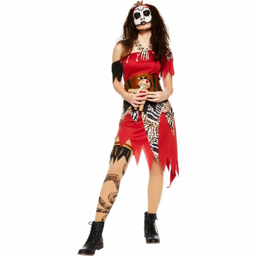 Front view of a woman wearing the Women's Witch Doctor Costume Large with patterned tribal details in a dramatic dark setting.